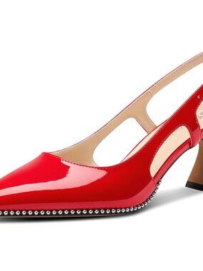 Women's Red Stylish Pointed Toe Slingback Buckle Ankle Strap Heels Shoes